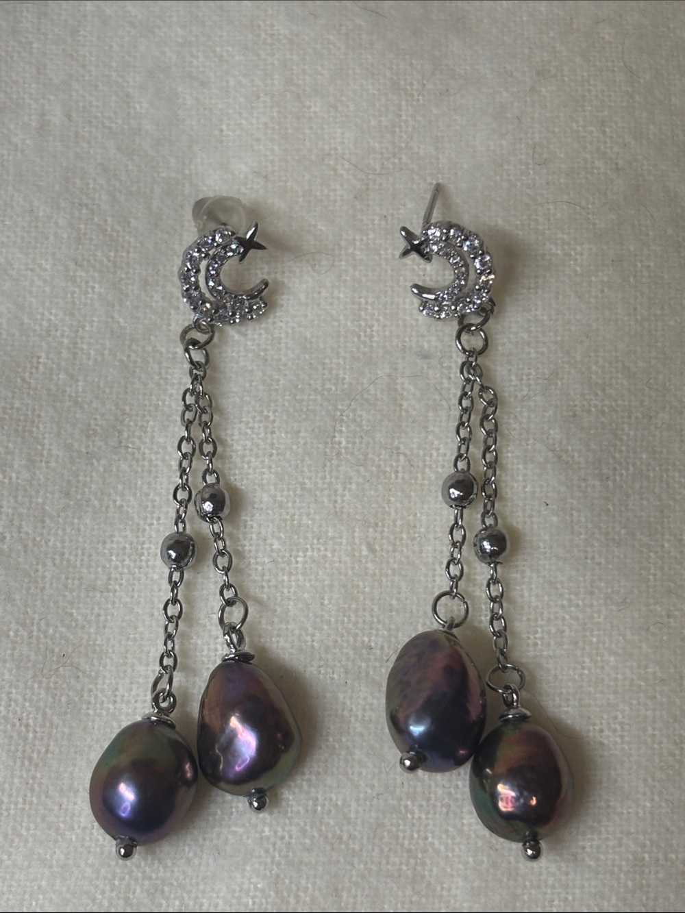 925 Genuine Cultured Pearls Dangle Sterling Silver Moon Star Earrings